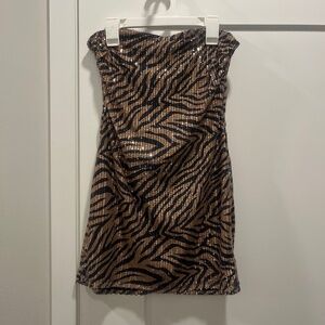 Lucy in the Sky - Sequin Strapless Bodycon Dress in Brown Zebra Print